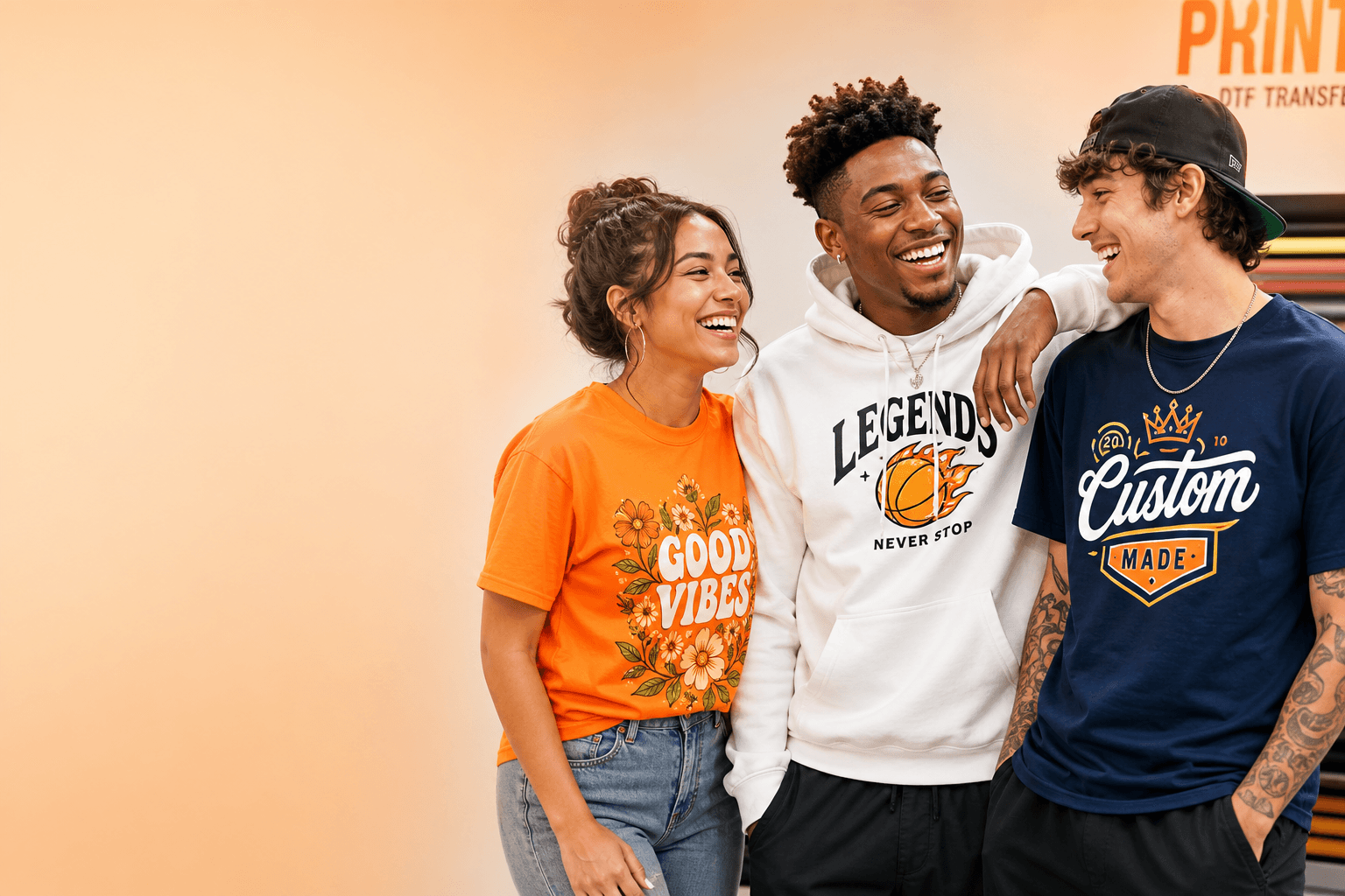 People wearing custom printed apparel